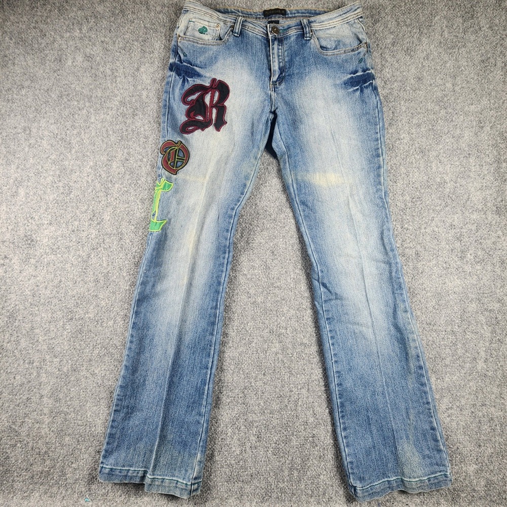 Rocawear Y2K Light Wash Denim Jeans Varsity Patch Straight Leg Mens 34x31